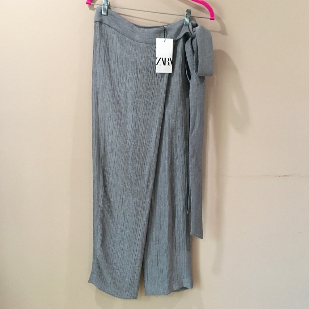 ZARA pants Womens Xs Flowy Crinkle Tapered Wrap Hi Rise Grey Beach 8278/218 New